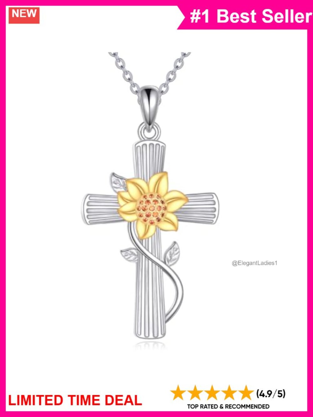 925 Sterling Silver Sunflower Cross Pendant Necklace 18+2" Chain